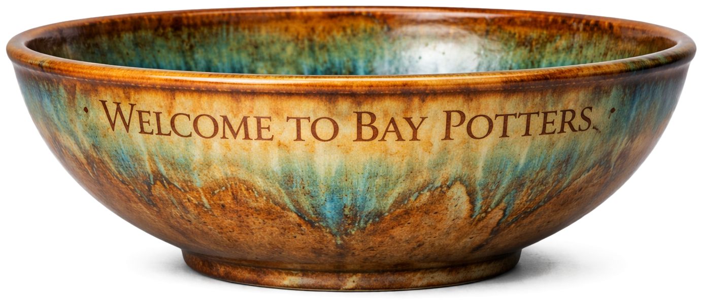 Welcome to Bay Potters — handcrafted pottery bowl with engraved text